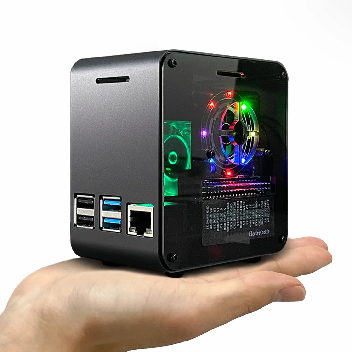 Funda ElectroCookie Raspberry Pi 4, minitorre de aluminio con ventilador de refrigeración y luz ambiental que cambia de color (negro mate y gris oscuro)