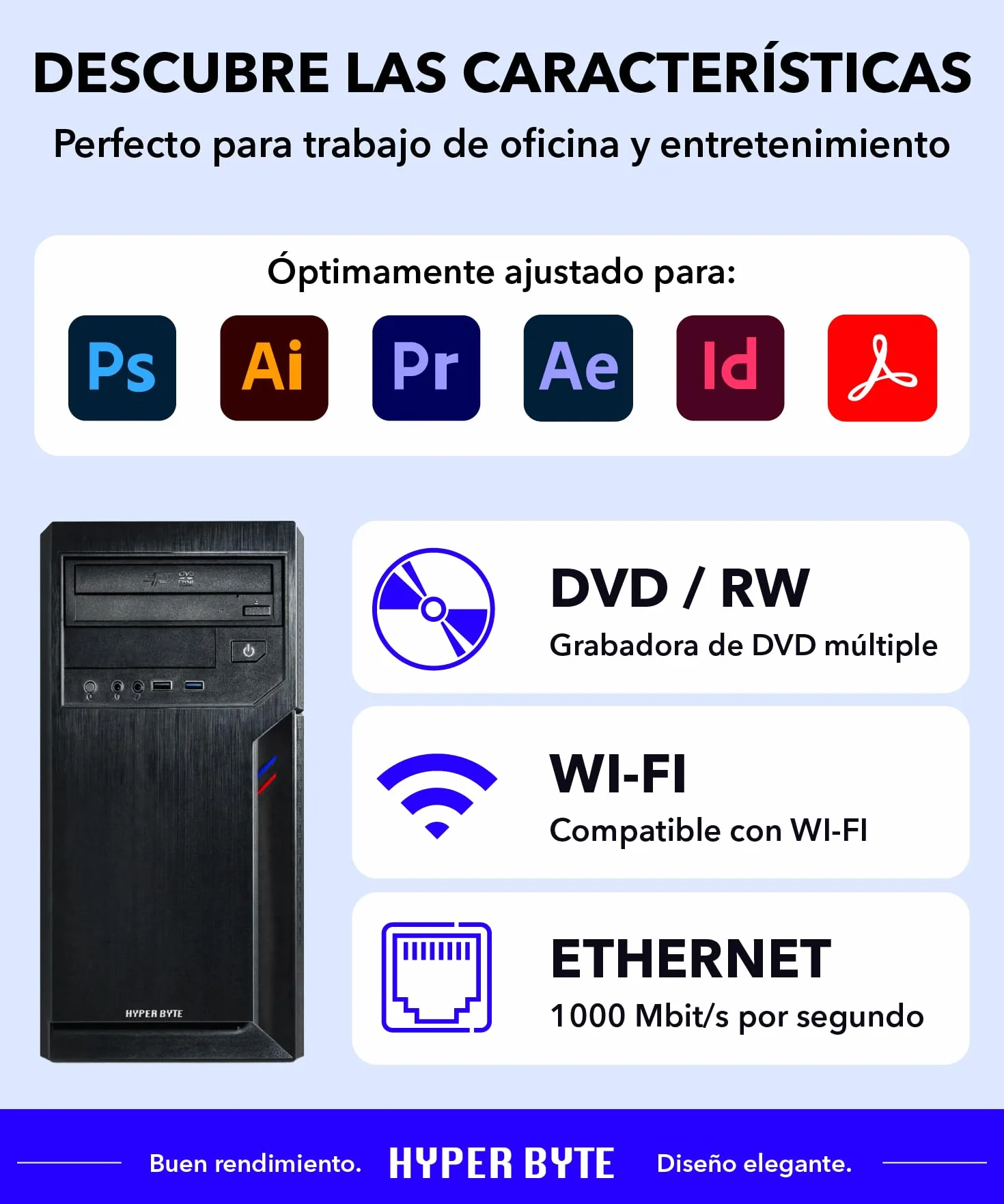 HYPER BYTE® Office PC - Ordenador con AMD Ryzen 3 a 4,0 GHz | 16 GB DDR4 de RAM | Disco Duro SSD de 1 TB | Win 11 Pro | WLAN | DVD+RW | USB 3.0 | Computer de Torre - High End