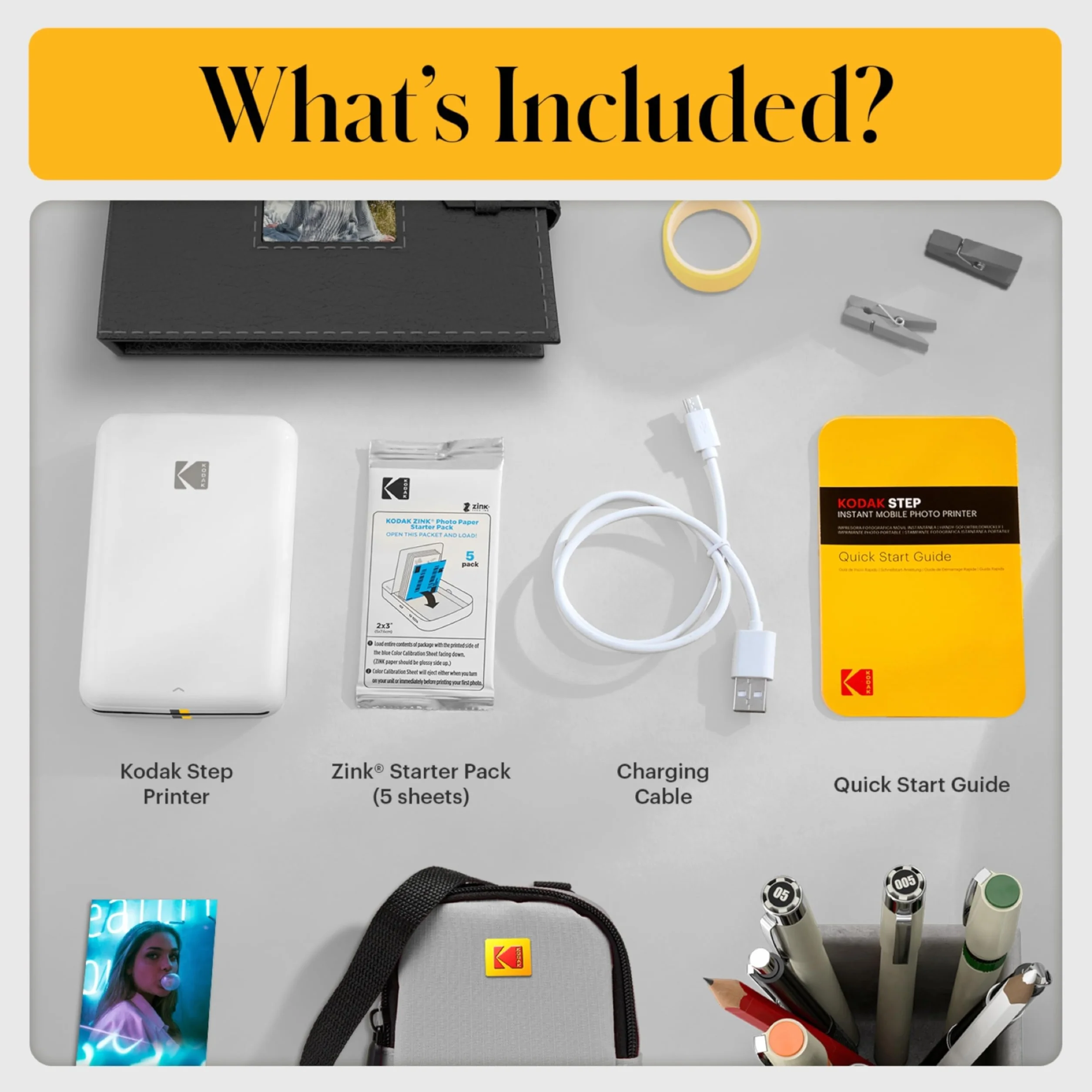 KODAK Impresora Step, impresora fotográfica móvil inalámbrica con tecnología ZINK y aplicación para iOS y Android (blanca), paquete de regalo