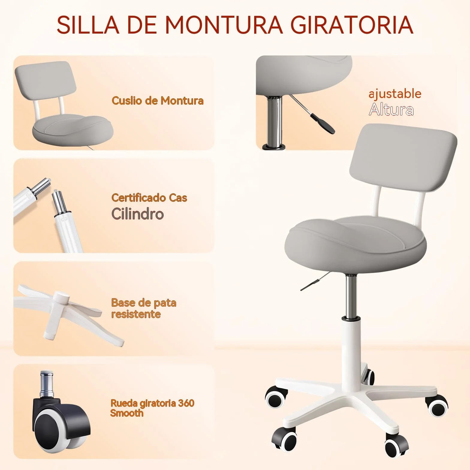 Taburete Giratorio Ergonómico con Respaldo y Ruedas para Peluquería, Dental y Oficina