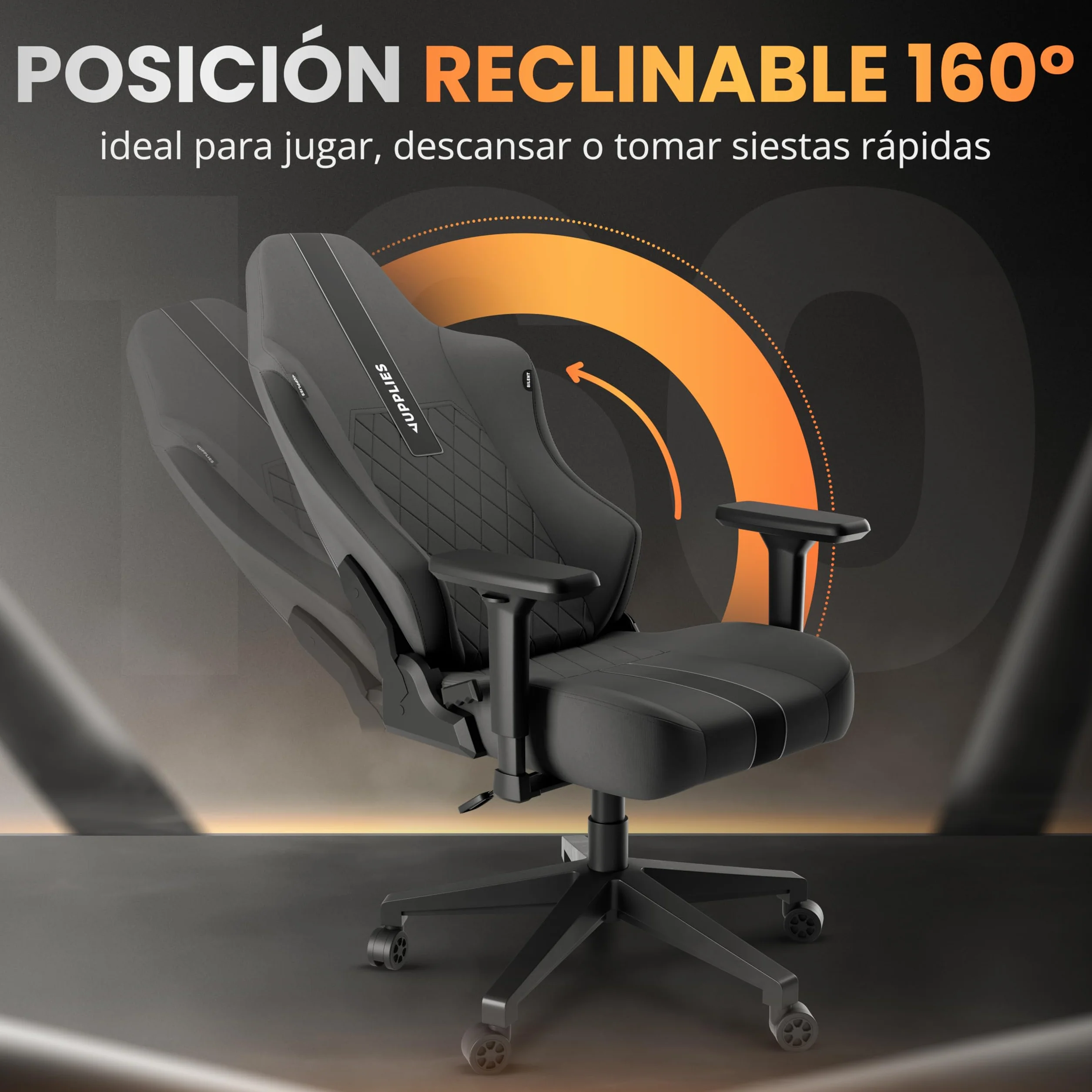 Silla Gaming Premium Ergonómica Reclinable 160° Cojín Viscoelástico Reposabrazos 4D Base Hierro Reforzada Negra