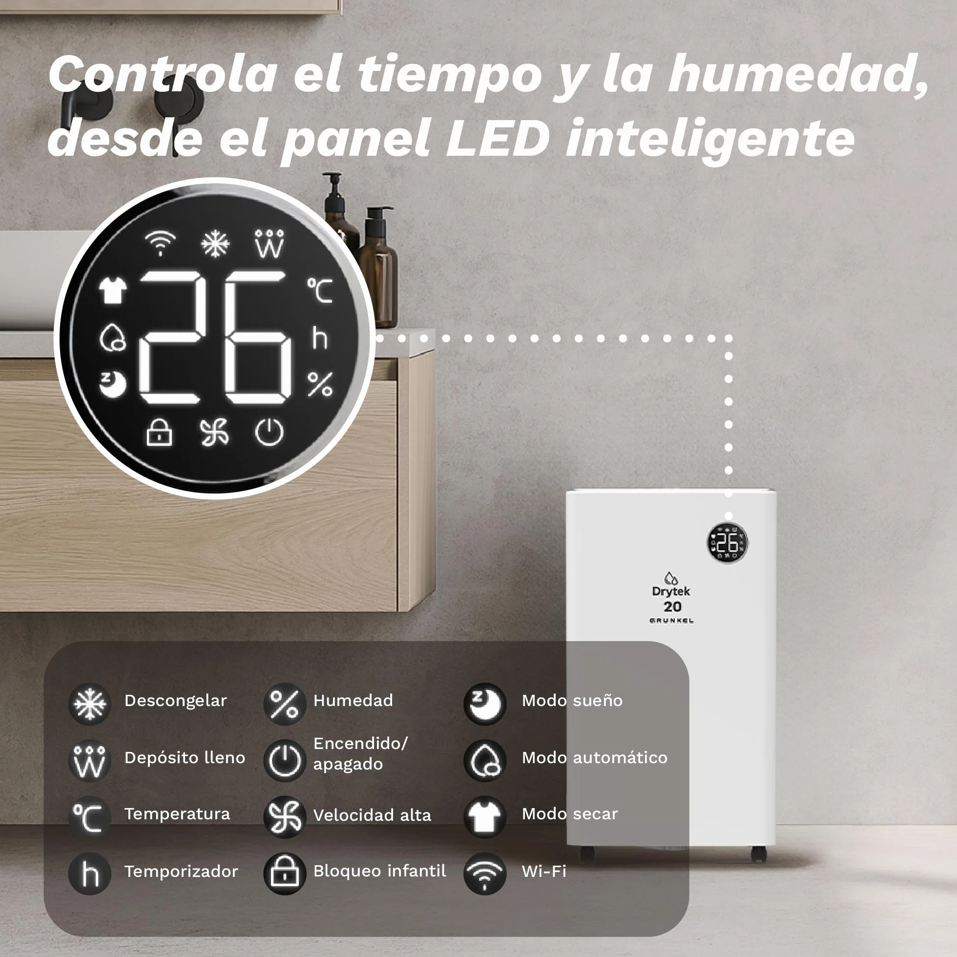 Deshumidificador GRUNKEL DH-20DT 20L/día Wi-Fi Integrado App R290