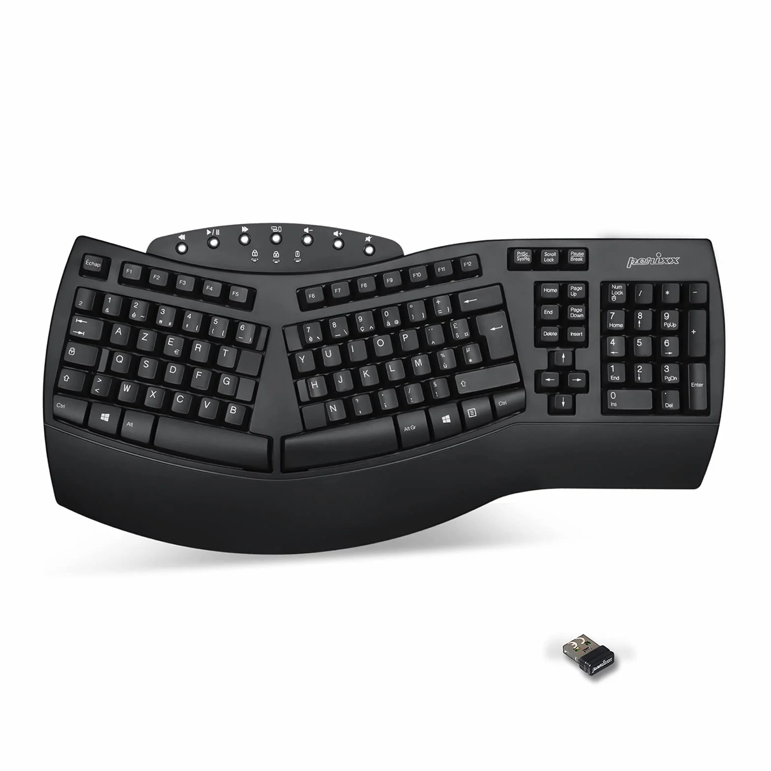 Perixx PERIBOARD-612, gran teclado ergonómico inalámbrico, conexión de 2,4 GHz y Bluetooth 4.0 para Windows y Mac – negro, AZERTY