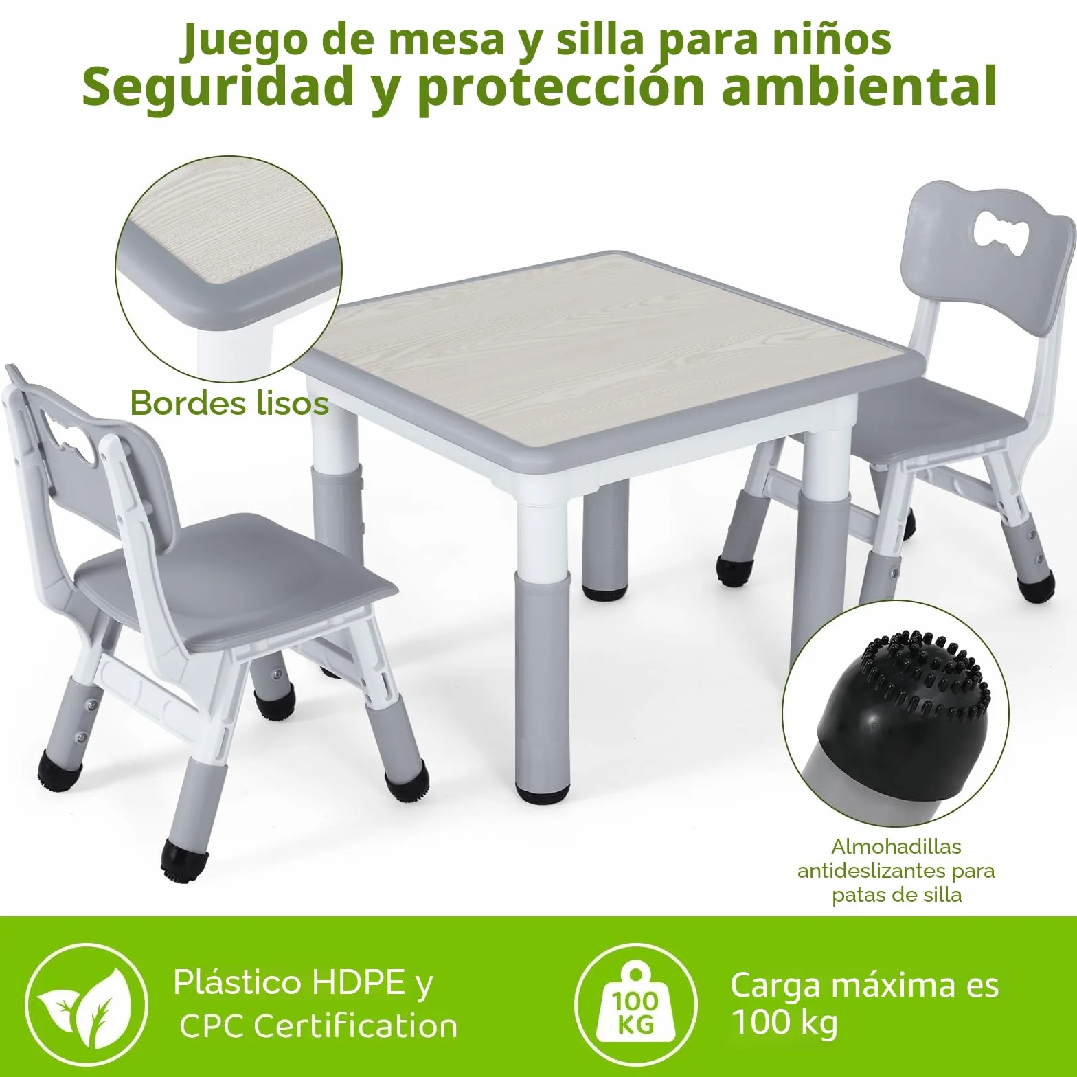 MAMIZO Mesa Infantil con 2 Sillas Ajustable, Muebles de Plástico para Niños, Gris Cuadrada