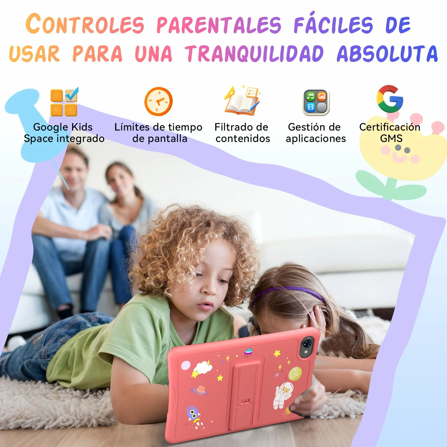 Tablet para Niños 10 Pulgadas, Android 16 Tablet para Niños de 3 a 12 Años, 16GB RAM 64GB ROM/2TB TF, Controles Parentales, GMS, WiFi6, Tablet Infantil con Funda Anticaídas y Lápiz, Garantía de 4 años