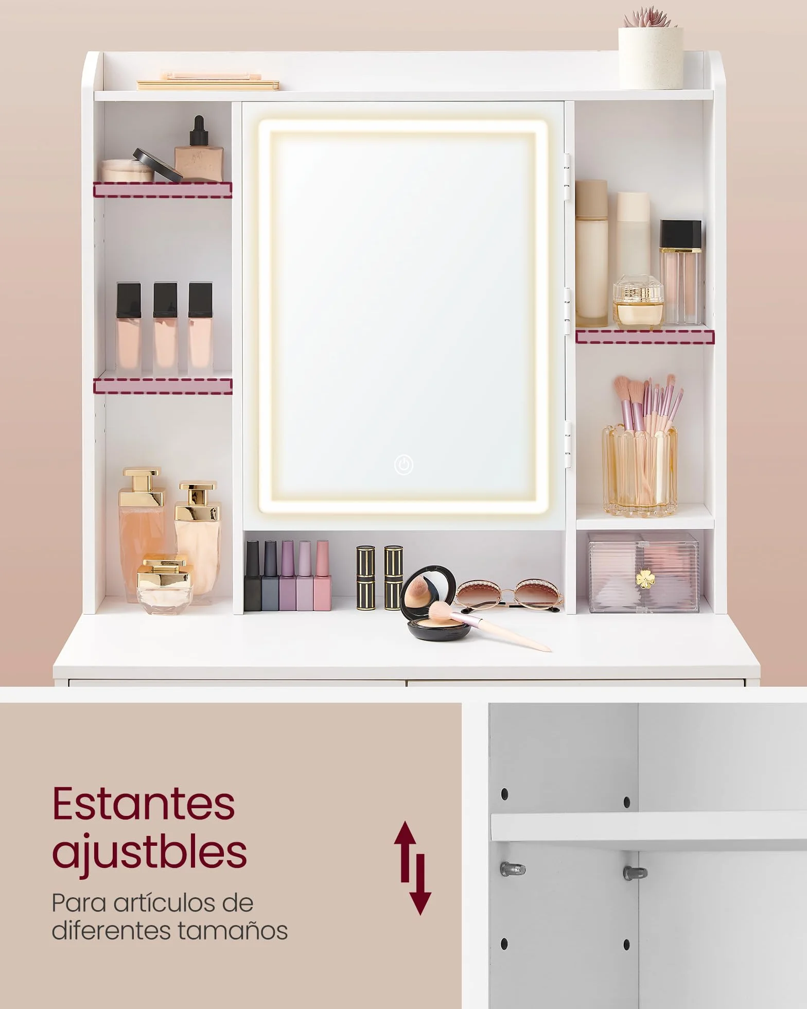 VASAGLE Kailyn Colección Tocador con Luces LED Mesa de Maquillaje con Espejo 40 x 97,5 x 145 cm Blanco Nube