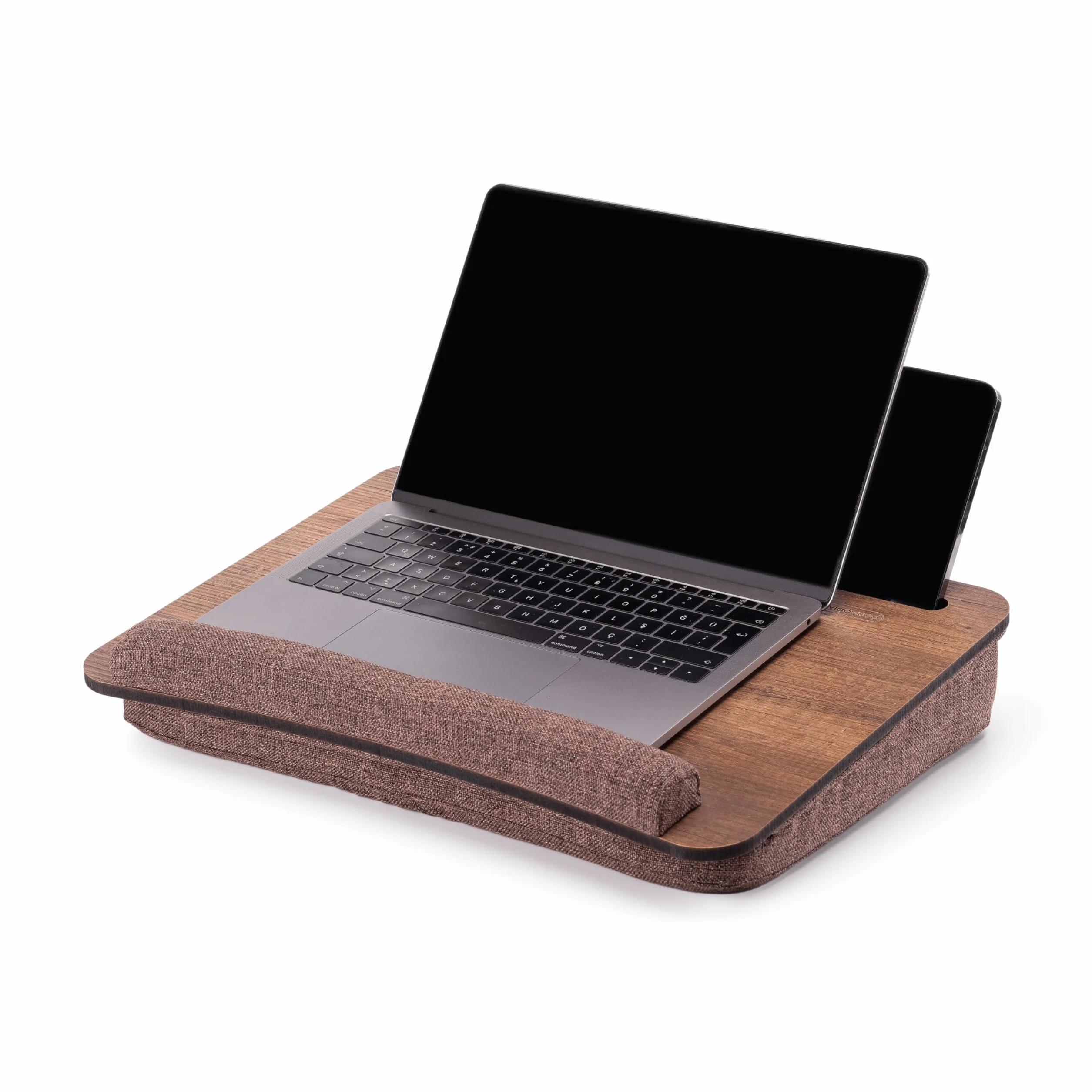 Vigo Wood Bandeja de Regazo para Portátil 16'' con Cojín y Soporte para Ratón y Teléfono, Escritorio Portátil de Madera para Sofá y Cama (Nogal Y Marrón)