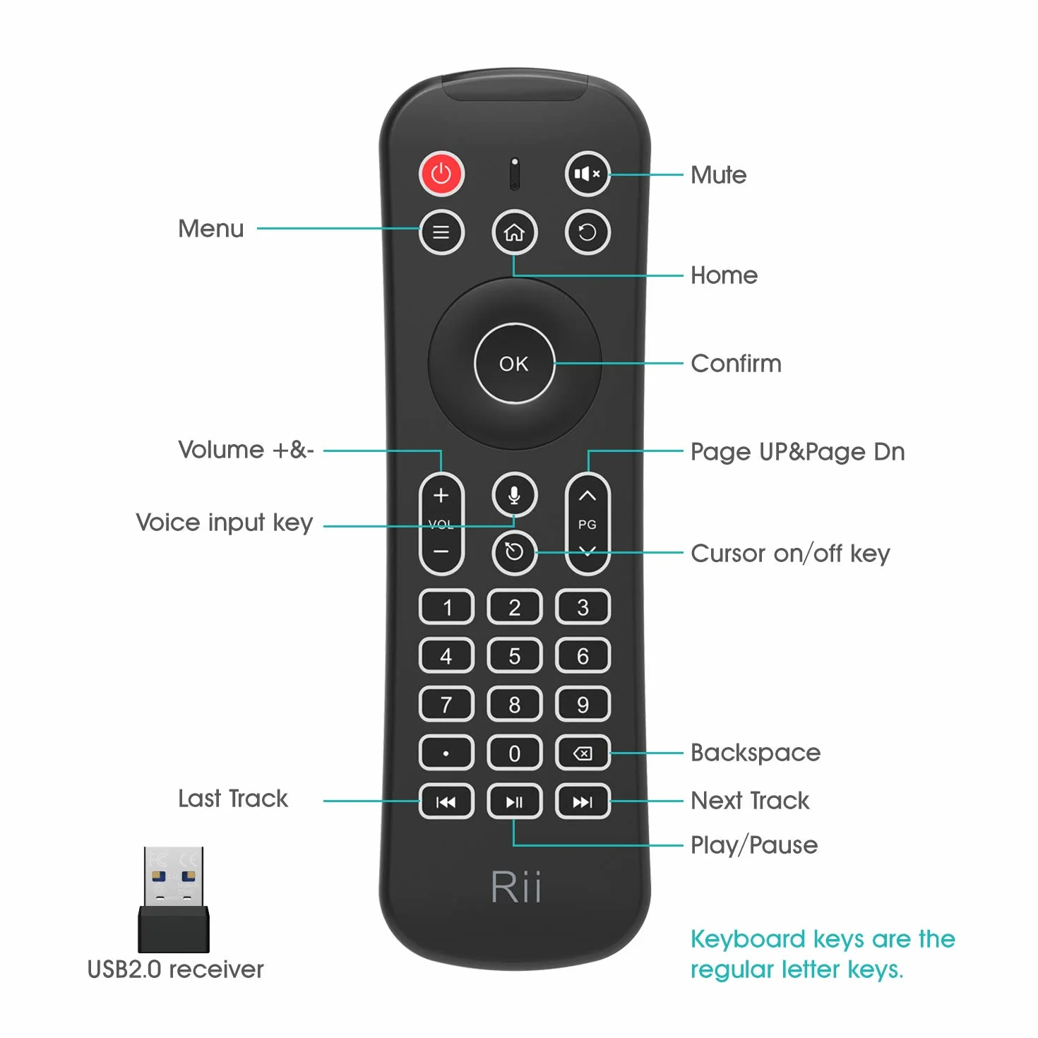 Rii MX6+ Wireless + IR - Control Remoto con Gyro Mouse, Teclado retroiluminado y micrófono para Android Smart TV, TV Box, PC y Mac