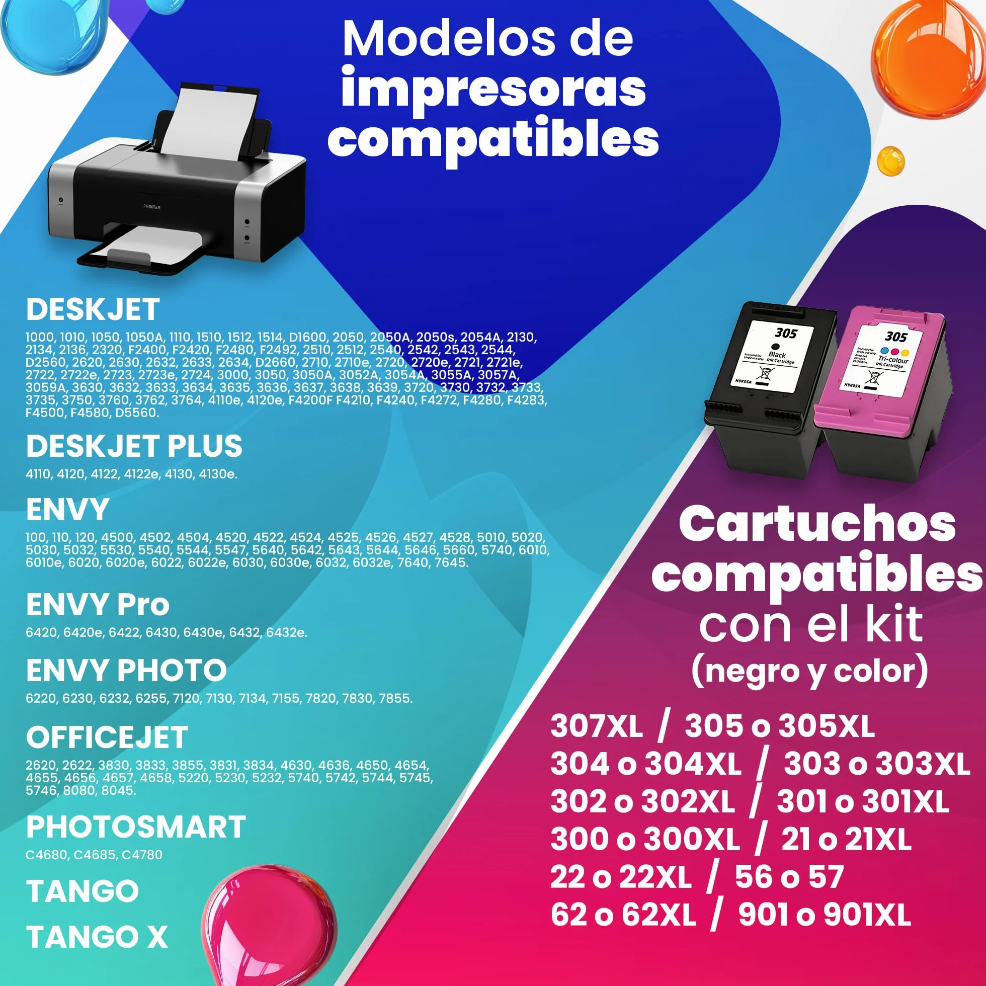 Kit de Recarga de Tinta Compatible para Cartuchos de Tinta HP 307XL 305XL 304XL 303XL 302XL 301XL 300 301 302 303 304 305 21 22 62 Incluye 500 ML Tintas+ Accesorios+ 50ml Limpia Cabezales