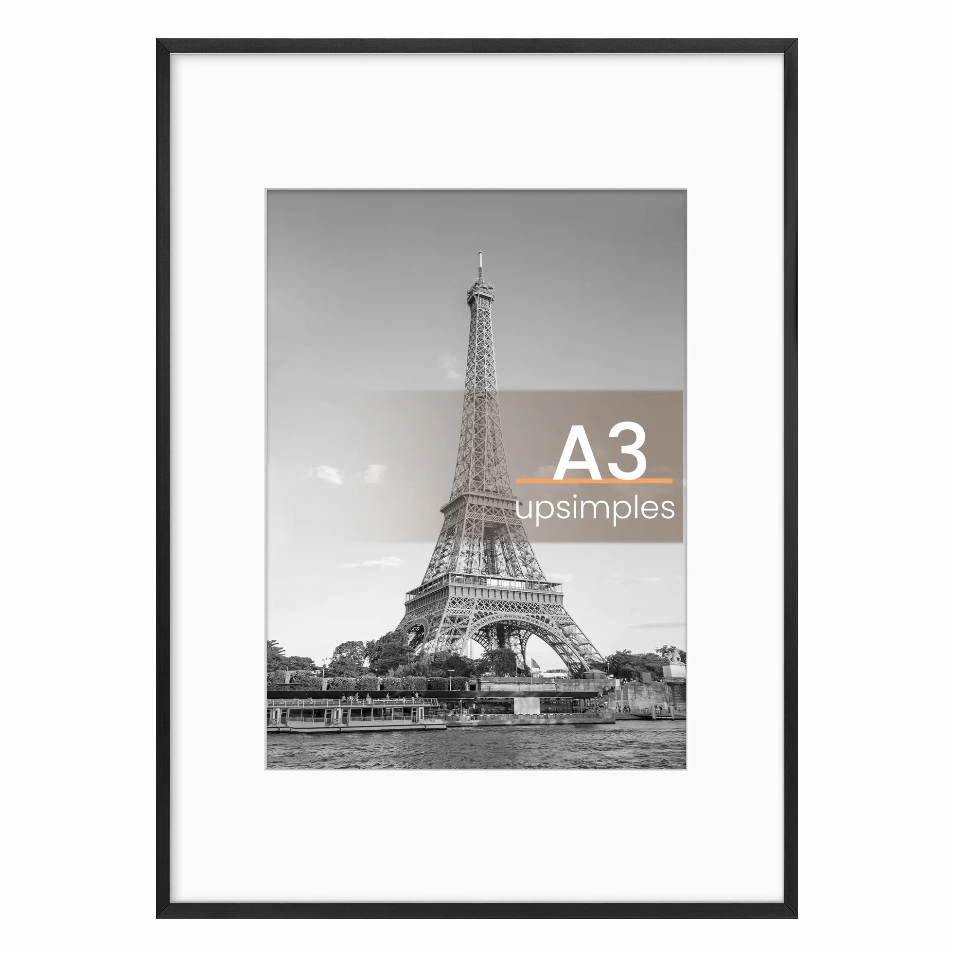Upsimples Marco de aluminio para cuadro A3 Negro, Foto A4 (21x29,8cm) con paspartú o A3 (29,7x42cm) sin, Marco para cuadros de pared de metal con vidrio acrílico